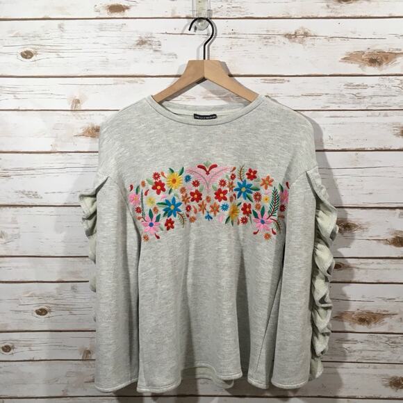Chelsea & Theodore Embroidered Ruffle Sweatshirt - Gray - Small - Picture 1 of 8